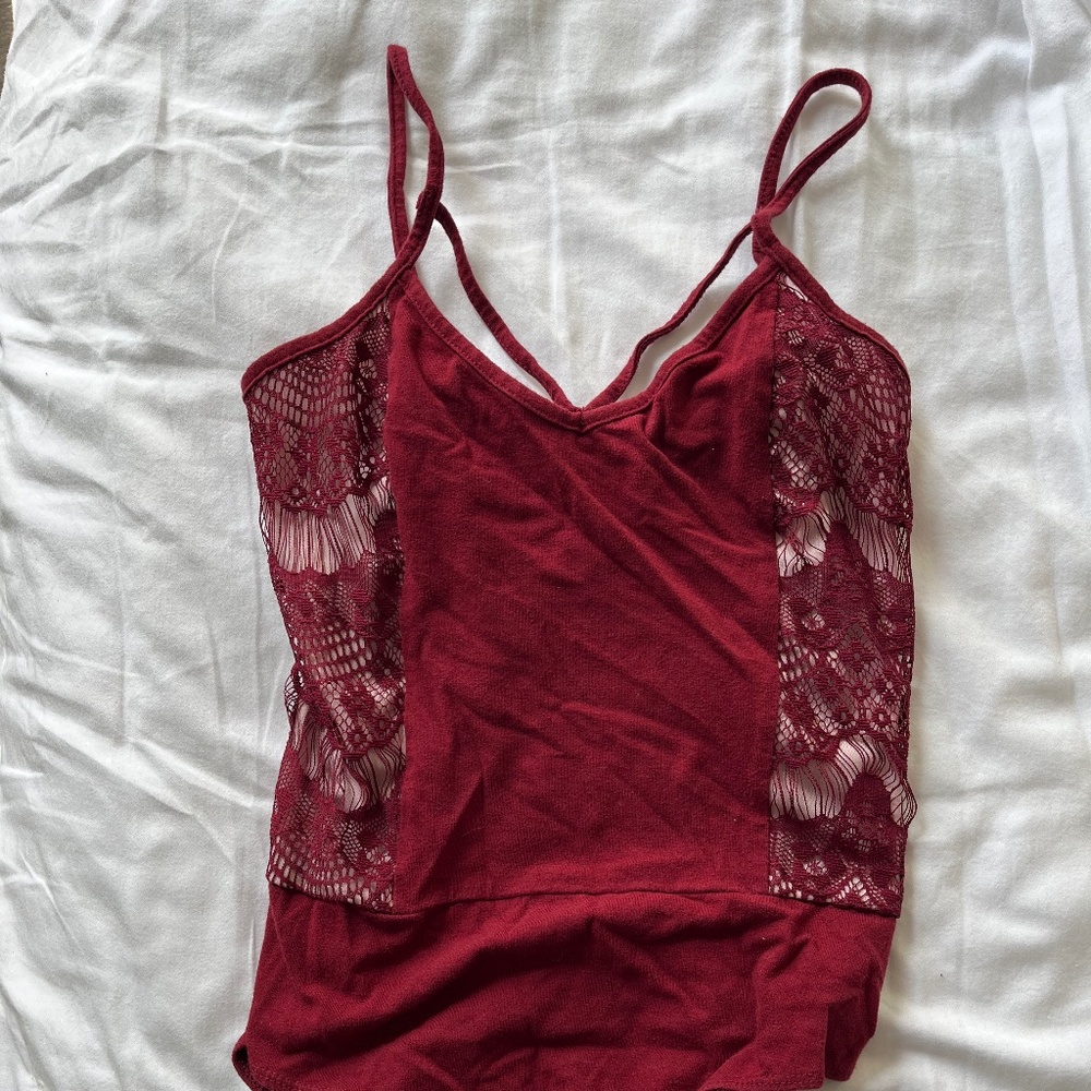 Charlotte Russe, Maroon Spaghetti Strap bodysuit with lace detail, size M